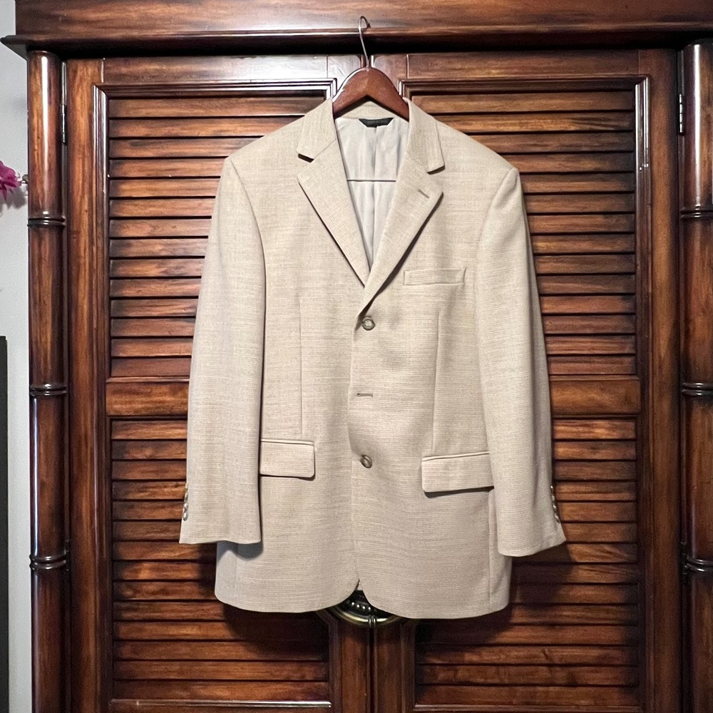 Andrew Fezza Carver Worsted Wool Blazer Mens 40R Tan Micro Check 3 Button Jacket